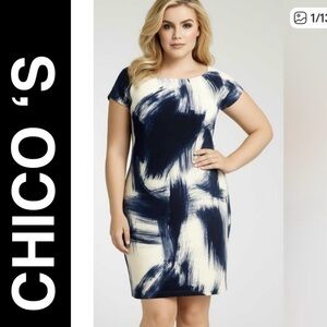 CHICO’S Women’s Blue & White Print Summer Sheath Dress Cap Sleeves Size 16
